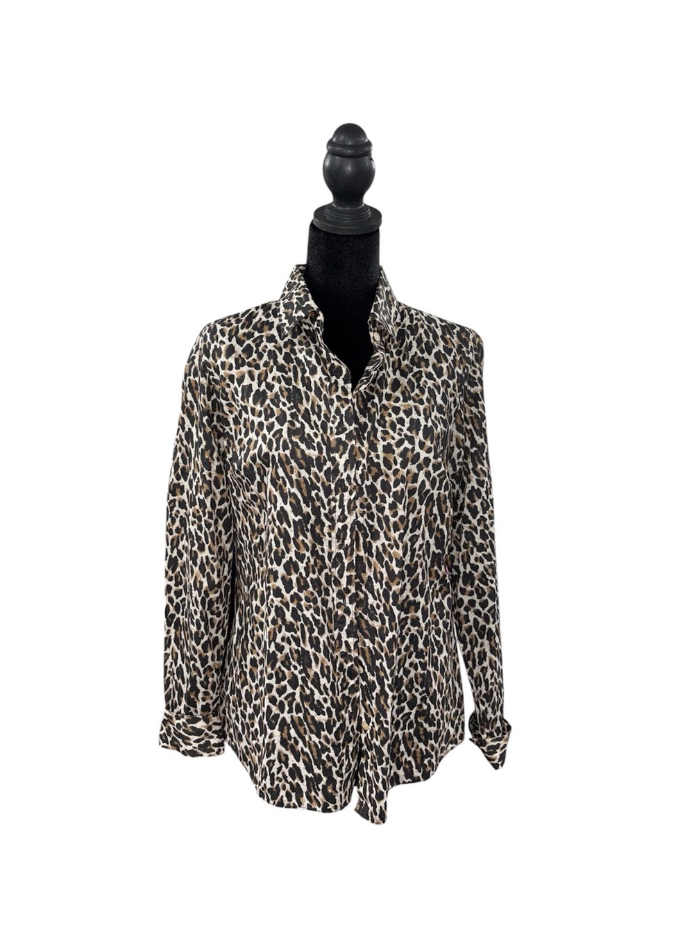 Vintage J Crew Women’s Leopard Print Button-Up Blouse in Brown and Black Size 6